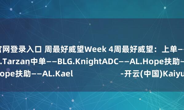 开云官网登录入口 周最好威望Week 4周最好威望：上单——AL.Flandre打野——AL.Tarzan中单——BLG.KnightADC——AL.Hope扶助——AL.Kael                      -开云(中国)Kaiyun·官方网站